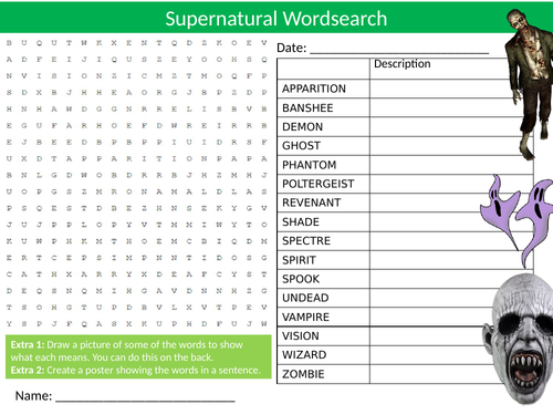The Supernatural Wordsearch Sheet Starter Activity Keywords Cover Horror Scary
