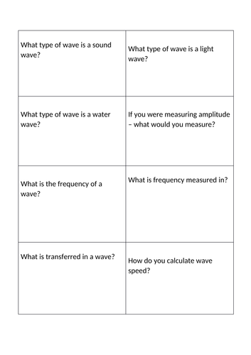 Waves revision flashcards for KS3, AQA 7-11 curriculum
