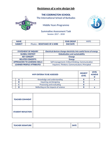 MYP Resistance of a wire lab