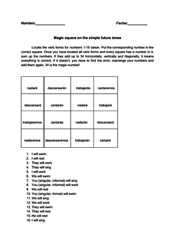 Spanish simple future tense magic square fun no prep worksheet