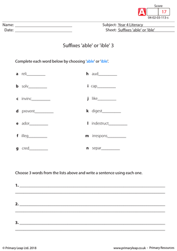 KS2 English Resource - Suffixes 'able' or 'ible'