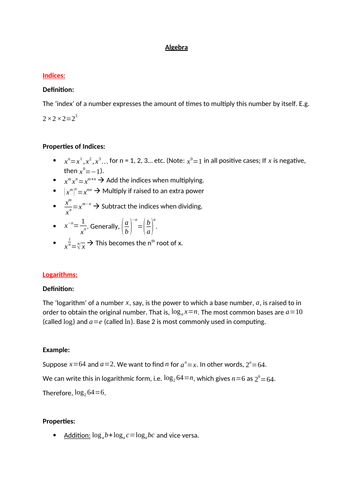 Algebra, quadratics and coordinate geometry revision notes