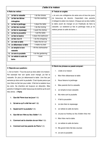 French GCSE Helping at Home: aider à la maison & les tâches ménagères ...