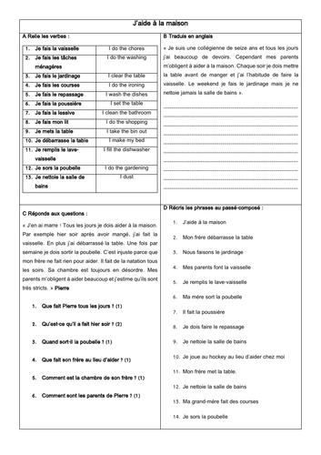 French GCSE Helping at Home: aider à la maison & les tâches ménagères lesson resource