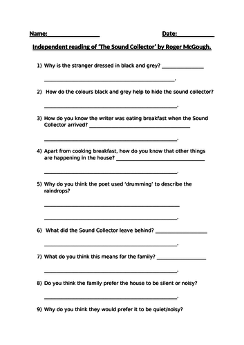 Greater Depth Questions for the Poem 'The Sound Collector'  by Roger McGough