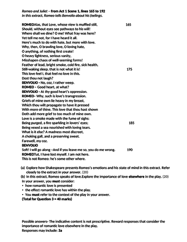 Romeo and Juliet Edexcel exam style question with Mark scheme