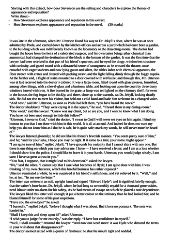 Appearance and reputation theme AQA exam style question on Dr Jekyll and Mr Hyde