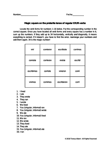 Spanish preterite ER IR verbs magic square fun no prep worksheet