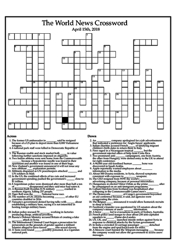 The World News Crossword - April 15th, 2018