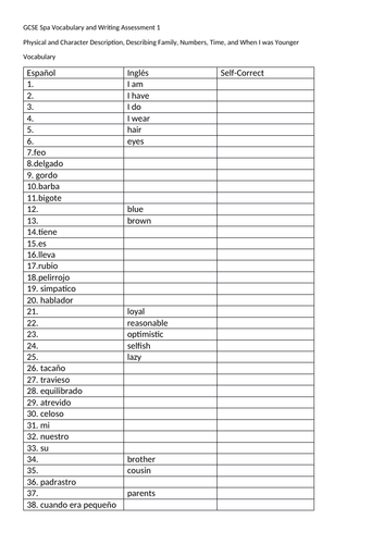 GCSE Spanish Self family and Friends Writing Quiz