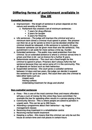 AQA 9-1 Citizenship Revision: Rights and Responsibillities - Different types of punishment in the UK