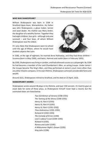 Shakespeare and Renaissance Theatre