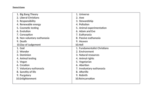 AQA A Themes Keyword Revision Game