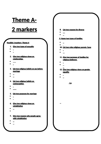 AQA A Religious Studies Possible Themes 2 markers