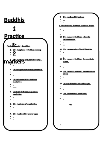 AQA A Religious Studies Possible Buddhism and Christianity 2 markers