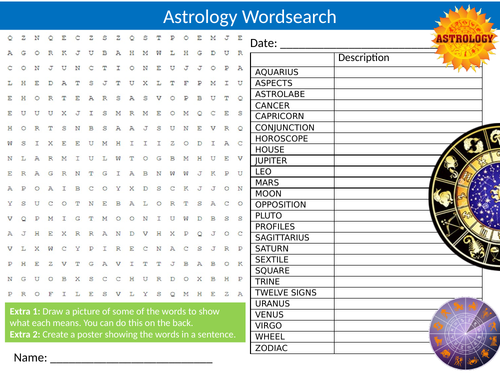 Astrology Wordsearch Sheet Starter Activity Keywords Cover Beliefs RE Religion