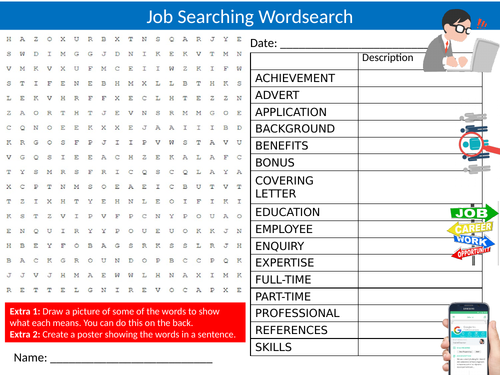 Job Searching Wordsearch Sheet Starter Activity Keywords Cover Beliefs Careers