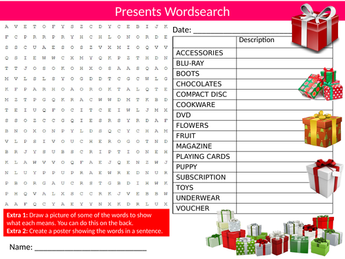 Presents Wordsearch Sheet Starter Activity Keywords Cover Gifts Parties Christmas