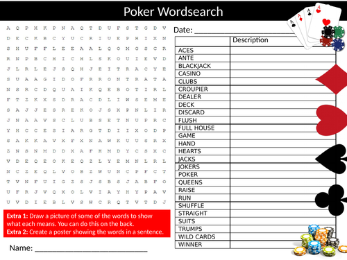 2 x Poker Wordsearch Sheet Starter Activity Keywords Cover Sports Games