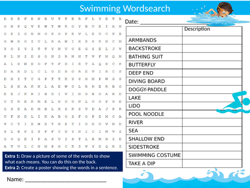 Swimming #2 Wordsearch Sheet Starter Activity Keywords Cover Sport PE