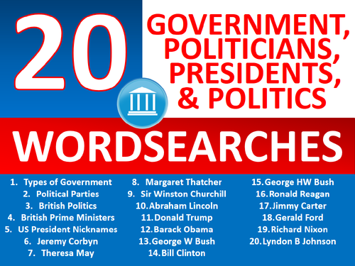 20 x Government & Politics Wordsearch Sheet Starter Activity Keywords Leaders