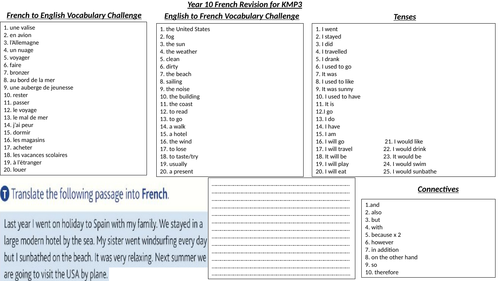GCSE French Holidays topic revision quiz
