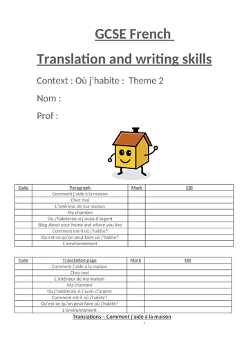 GCSE Ou j'habite writing skills booklet