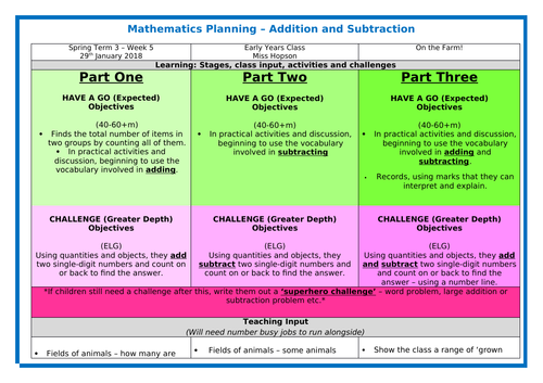 Addition and Subtraction Unit of Work and Worksheets - EYFS Reception