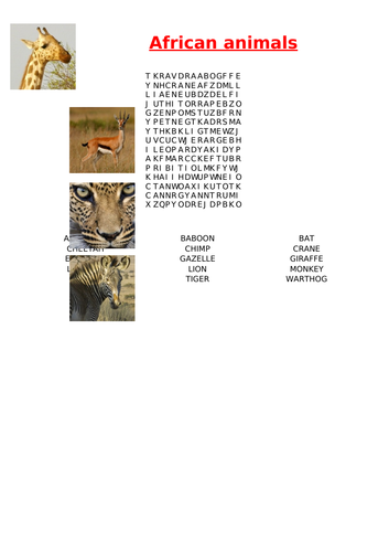 African animals wordsearch