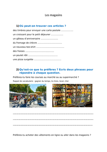 les magasins, shopping - worksheet (writing and speaking)