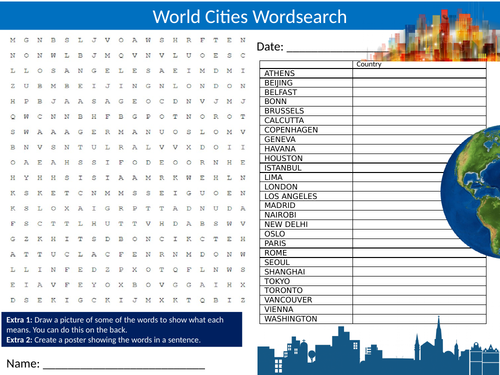 World Cities Wordsearch Sheet Starter Activity Keywords Cover Geography