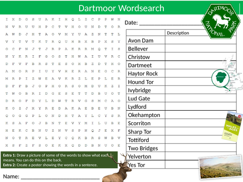 Dartmoor UK National Park Wordsearch Sheet Starter Activity Keywords Geography Cover