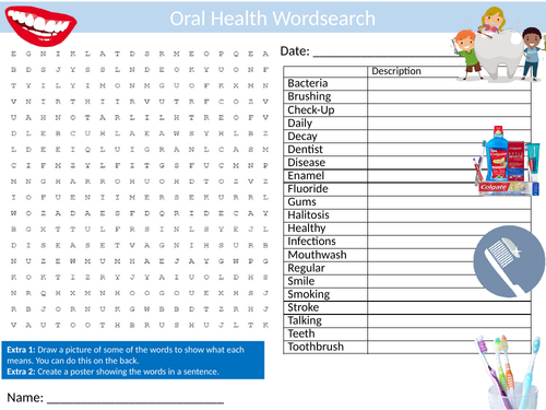 Oral Health Wordsearch Sheet Starter Activity Keywords Cover Teeth Dentistry