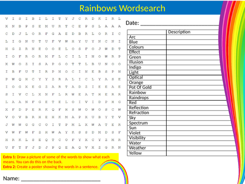 Rainbows Wordsearch Sheet Starter Activity Keywords Cover Physics Art