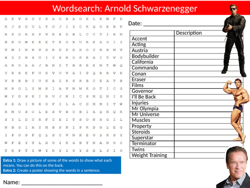 Arnold Schwarzenegger Wordsearch Sheet Starter Activity Keywords Cover Celebrity Actor