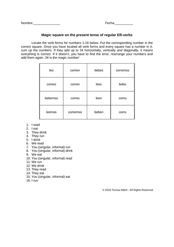 Spanish ER verb conjugation fun no prep magic square worksheet ...