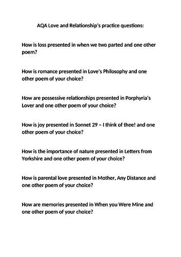 Practice questions - AQA Love and Relationships cluster