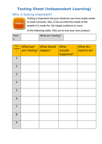 Testing and Review Sheet