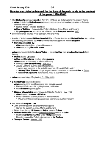AQA - 2A - A Level History - King John - Loss of Continental Lands