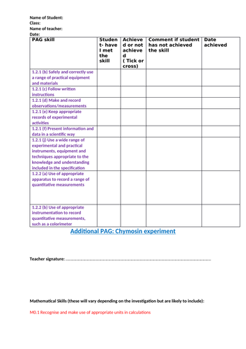 OCR A-level biology PAG check lists, Student-friendly and personalised!   plus additional PAGs!