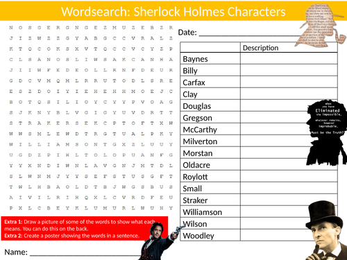 Sherlock Holmes Characters Wordsearch Sheet Starter Activity Keywords Cover English Literature