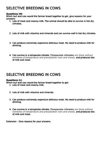 Selective breeding differentiated worksheets