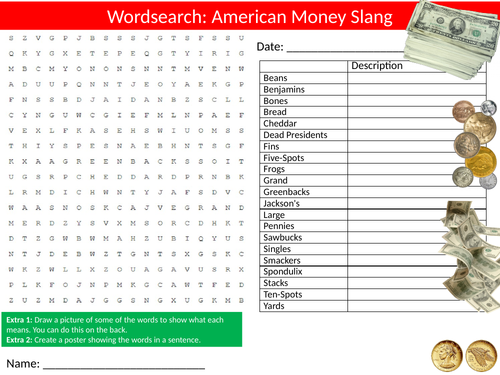 American Money Slang Wordsearch Sheet Starter Activity Keywords Cover Finance