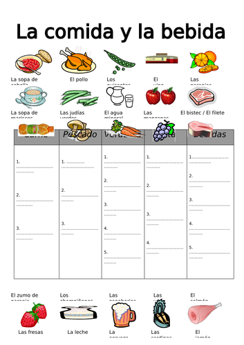 SPANISH FOOD and DRINK categories - worksheet