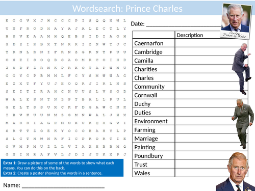 Prince Charles Wordsearch Sheet Starter Activity Keywords Cover British Royal Family