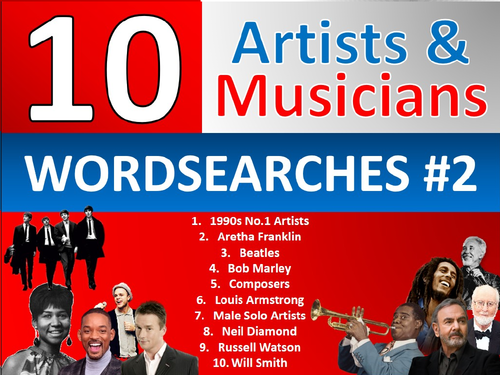 10 x Musicians Wordsearch Sheet Starter Activity Keywords Cover Music Artists Singers