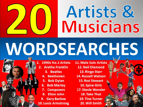 20 x Musicians Wordsearch Sheet Starter Activity Keywords Cover Music Singers
