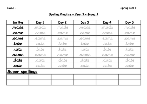 Year 3 Spring 1 Spelling Practice Sheets