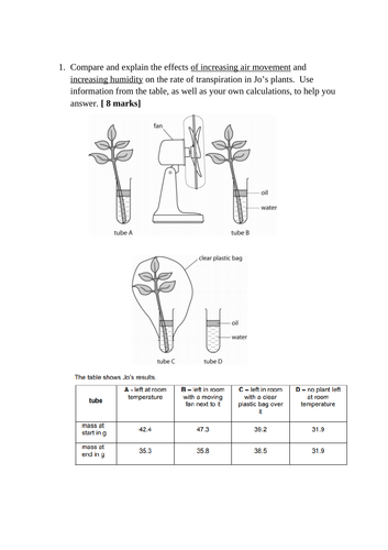 OCR A-level  A (3.3) Transport in plants extended transpiration question