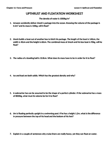 Upthrust and Floatation Worksheet with Answers